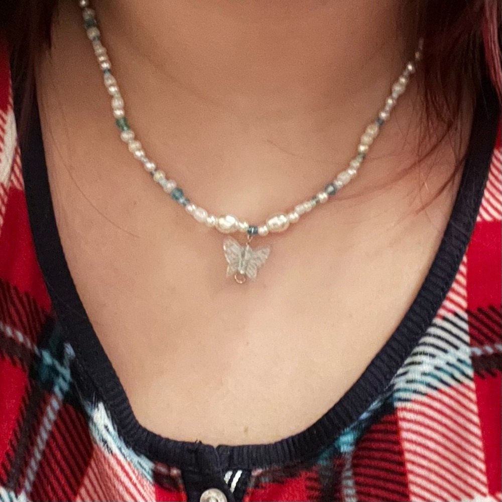 Pearl and Blue Butterfly Necklace